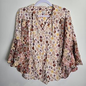 CATO Geometric Patternblock Bell Sleeve Flowy Blouse M